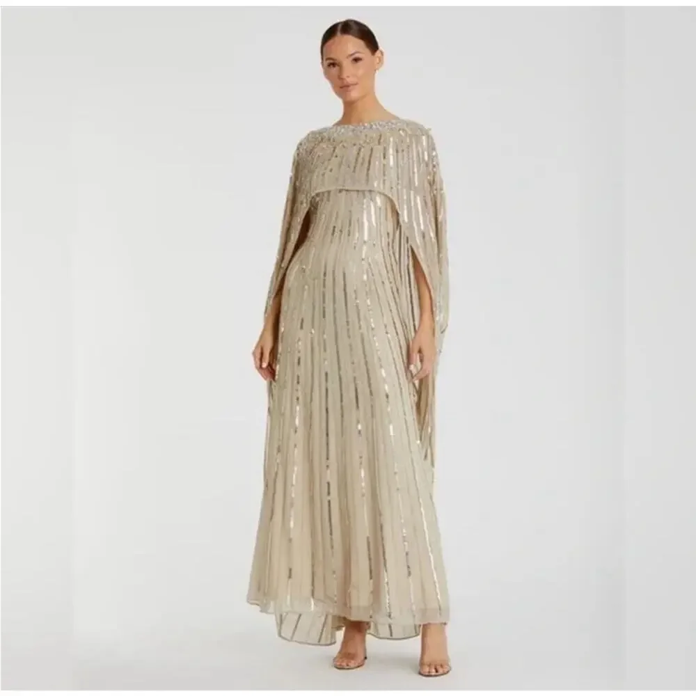 Mac Duggal Gold Sequin Cape-Back Maxi Dress - Picture 3 of 17